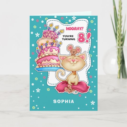 Fijne 8de verjaardag. Eigen naam Kat en muizen Kaart (Voorkant)