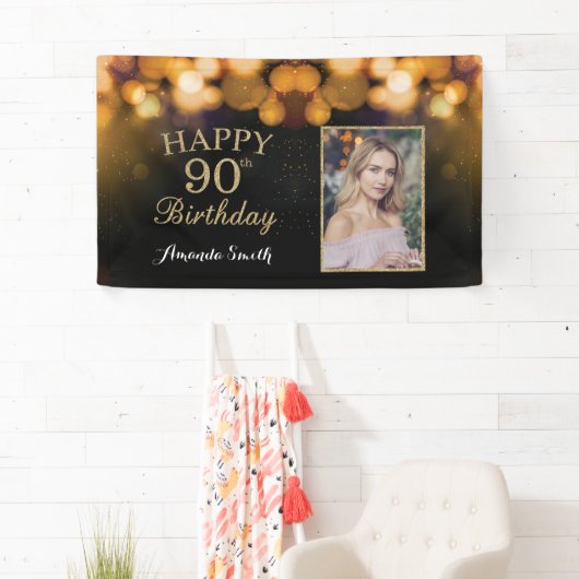 Fijne 90ste verjaardag Banner. Gold Glitter-foto Spandoek (Insitu)