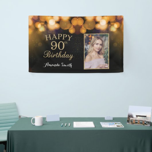 Fijne 90ste verjaardag Banner. Gold Glitter-foto Spandoek (Beurs)