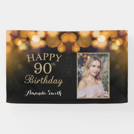 Fijne 90ste verjaardag Banner. Gold Glitter-foto Spandoek (Horizontaal)