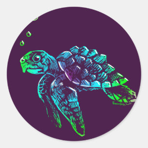 Fijne Art Scratchboard Zee Turtle Ronde Sticker