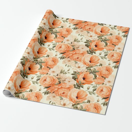 Fijne beige perzikbloemen cadeaupapier (Uitgerold)