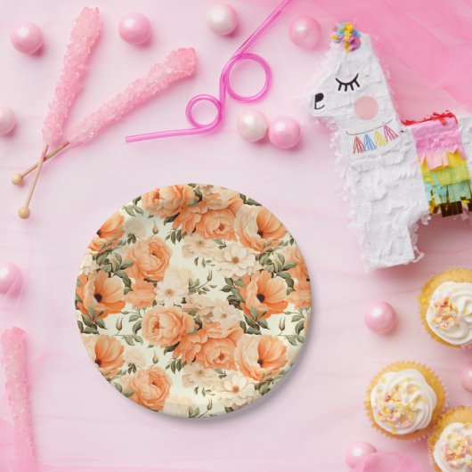 Fijne beige perzikbloemen papieren bordje (Feest)