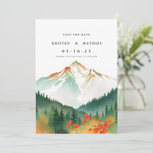 Fijne bewerkbare berg save the date (Staand voorkant)