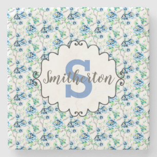 Fijne Blauw en witte Floral Monogram Stone Stenen Onderzetter