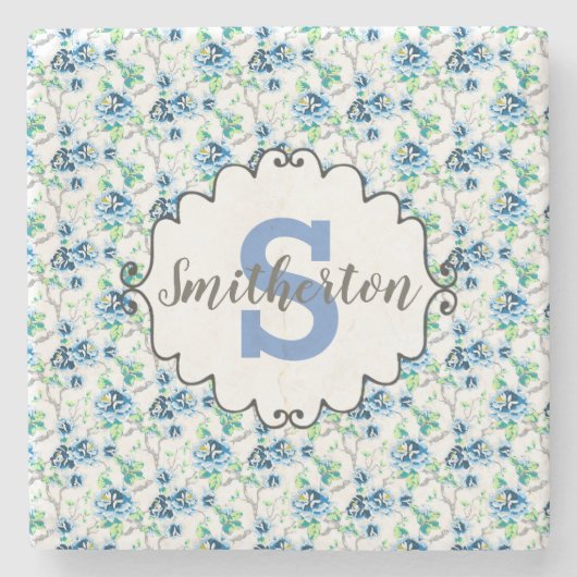 Fijne Blauw en witte Floral Monogram Stone Stenen Onderzetter (Voorkant)