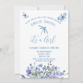 Fijne blauwe bloemen en vlinders Uitnodiging (Voorkant)