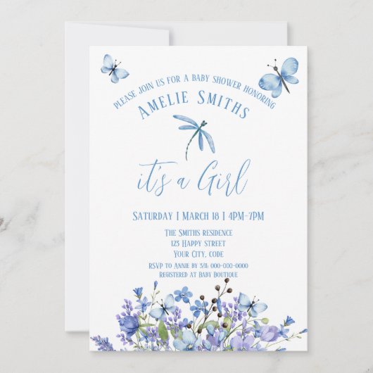 Fijne blauwe bloemen en vlinders Uitnodiging (Voorkant)