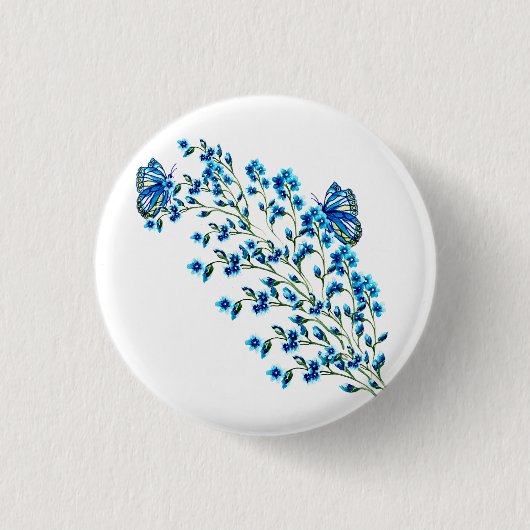 Fijne blauwe bloemen met vlinder ronde button 3,2 cm (Voorkant)
