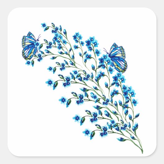 Fijne blauwe bloemen met vlinder vierkante sticker (Voorkant)