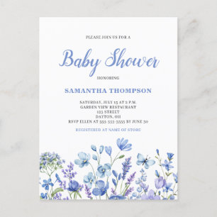 Fijne blauwe bloemige babyshower uitnodiging