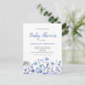 Fijne blauwe bloemige babyshower uitnodiging (Staand voorkant)