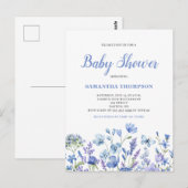 Fijne blauwe bloemige babyshower uitnodiging (Voorkant / Achterkant)