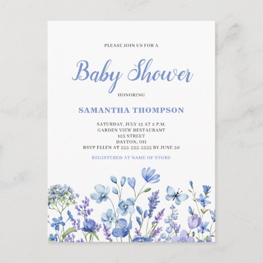 Fijne blauwe bloemige babyshower uitnodiging (Voorkant)