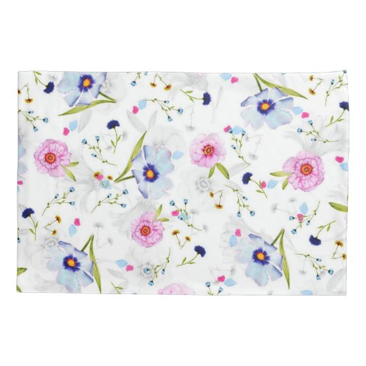 Fijne blauwe en roze bloemen kussensloop (Achterkant)