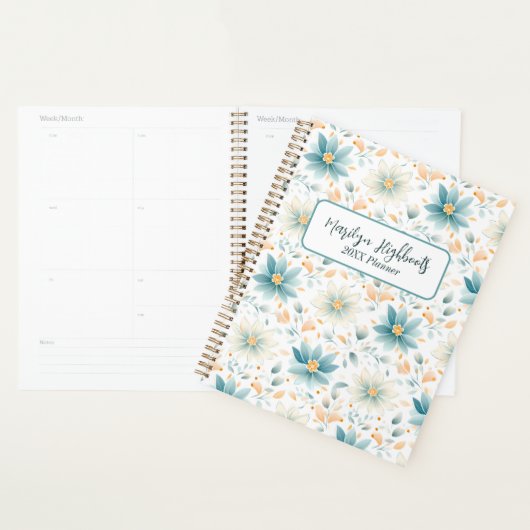 Fijne Blauwe en Witte Bloemen met Oranje Bladeren Planner (Display)