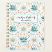 Fijne Blauwe en Witte Bloemen met Oranje Bladeren Planner (Voorkant)