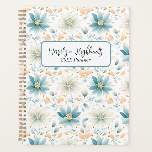 Fijne Blauwe en Witte Bloemen met Oranje Bladeren Planner (Voorkant)