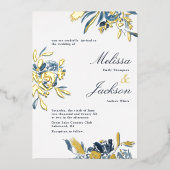 Fijne Blauwe Vloer en Gold Bloom Wedding Design Folie Uitnodiging (Voorkant)