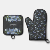 Fijne blauwe wilde bloemen ovenwant & pannenlap set (Voorkant)