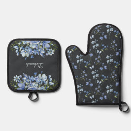 Fijne blauwe wilde bloemen ovenwant & pannenlap set
