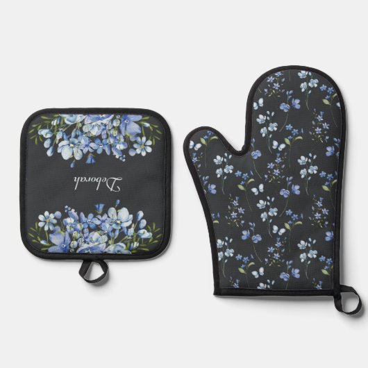 Fijne blauwe wilde bloemen ovenwant & pannenlap set (Voorkant)