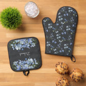 Fijne blauwe wilde bloemen ovenwant & pannenlap set (Top down)