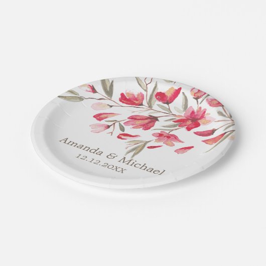 Fijne bloei van roze waterverf bloemen bruiloft papieren bordje (Gekanteld)