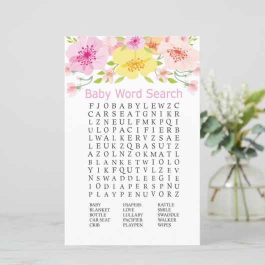 Fijne bloemen Baby shower Word Search Game (Staand voorkant)