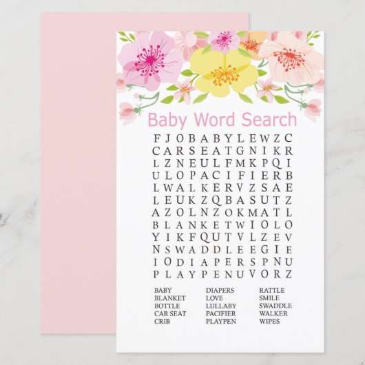 Fijne bloemen Baby shower Word Search Game (Voorkant / Achterkant)