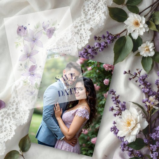 Fijne Bloemen & Botanische Tak Licht Paarse Vellum Uitnodigingen