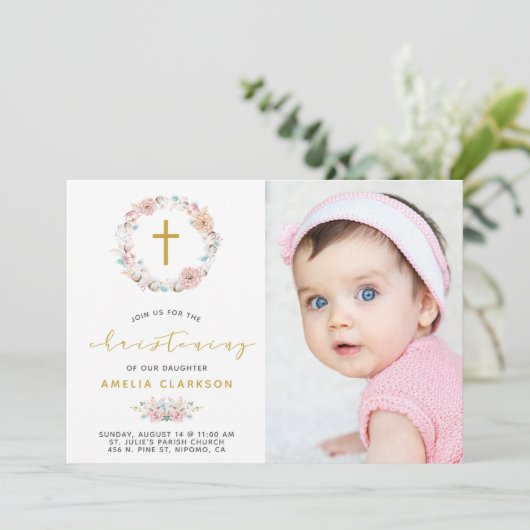 Fijne Bloemen & Katoen doop uitnodiging (Staand voorkant)