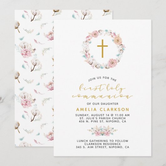 Fijne Bloemen & Katoen Eerste Communie Kaart (Voorkant / Achterkant)