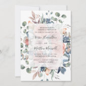 Fijne Bloemen met groen, Stoffig Blauw Bruiloft Kaart (Voorkant)