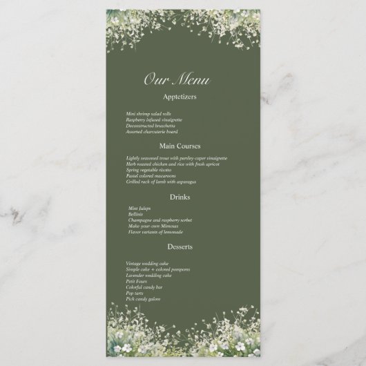 Fijne Bloemen op Olive Green Wedding Menu (Voorkant)