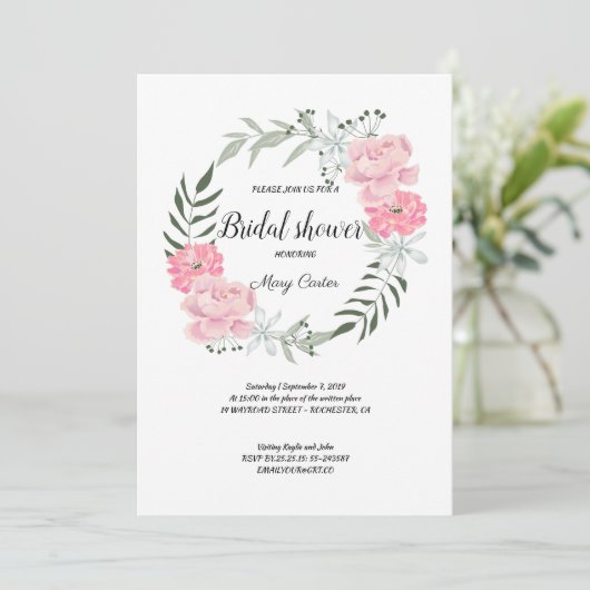 Fijne bloemenkrans, roze pioenrozen kaart (Staand voorkant)