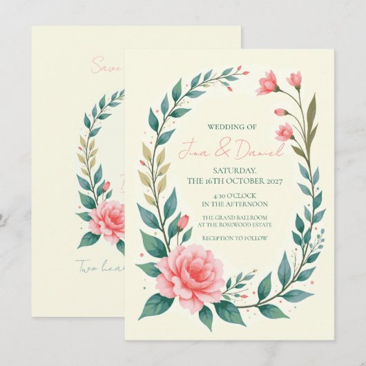 Fijne bloemenslinger uitnodiging (Voorkant / Achterkant)