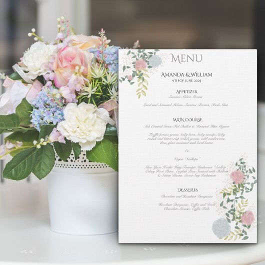 Fijne Bloemige Aquarel Trouwfeest Platte Menu