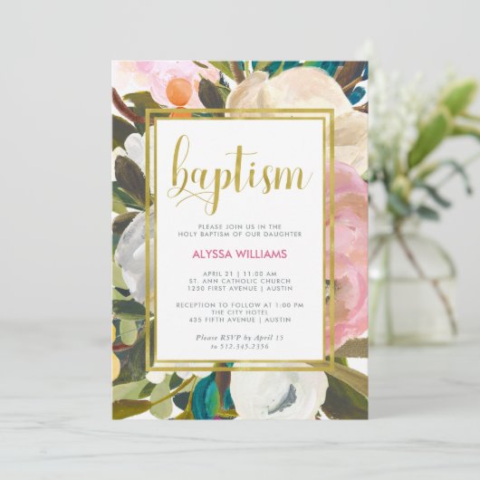 Fijne bloemige Waterverf | doop Kaart (Staand voorkant)