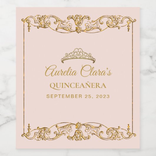 Fijne Blush Roze Gouden Rand Lijst Quinceanera Wijn Etiket (Enkel label)