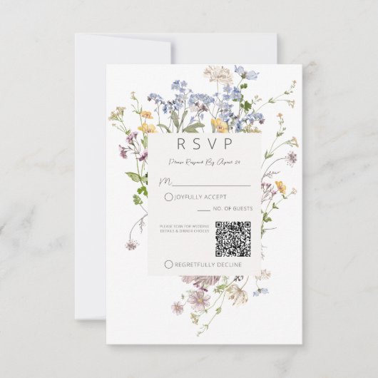 Fijne Boho Wildbloemen Witte Bruiloft QR Code RSVP Kaartje (Voorkant)