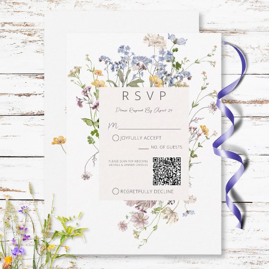 Fijne Boho Wildbloemen Witte Bruiloft QR Code RSVP Kaartje