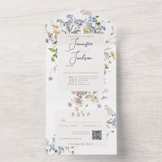 Fijne Boho Wildbloemen Witte QR-code All In One Uitnodiging (Binnen)