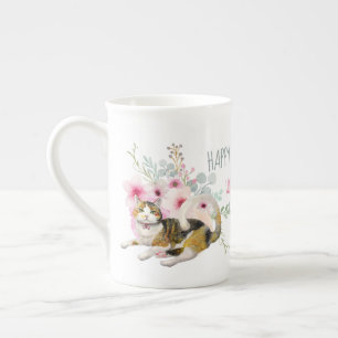 Fijne Bone China KATOENKAT MOEDER Verjaardags Beke Porselein Kop