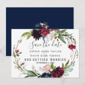 Fijne Bourgondische blauwe bloemenkrans bewaar de  Save The Date (Voorkant / Achterkant)