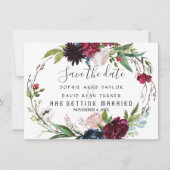 Fijne Bourgondische blauwe bloemenkrans bewaar de  Save The Date (Voorkant)