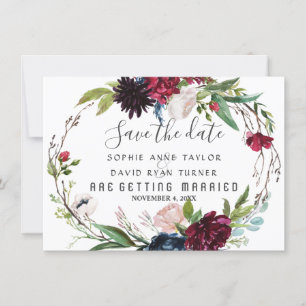 Fijne Bourgondische blauwe bloemenkrans bewaar de Save The Date