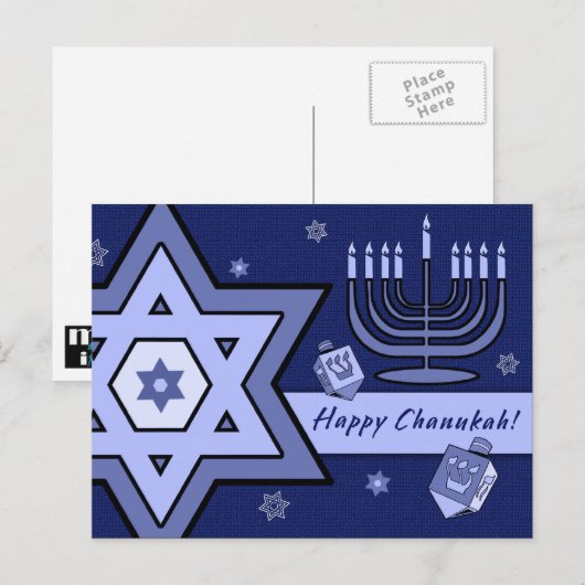 Fijne Chanoeka. Davidster, Menorah, Dreidels Briefkaart (Voorkant / Achterkant)