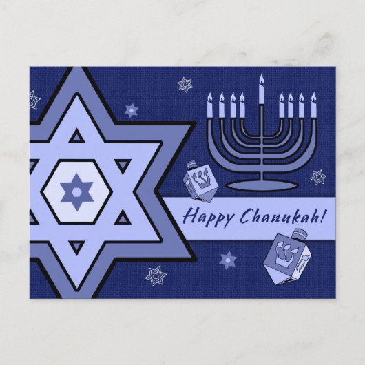 Fijne Chanoeka. Davidster, Menorah, Dreidels Briefkaart (Voorkant)