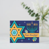 Fijne Chanoeka. Davidster, Menorah, Dreidels Feestdagenkaart (Staand voorkant)